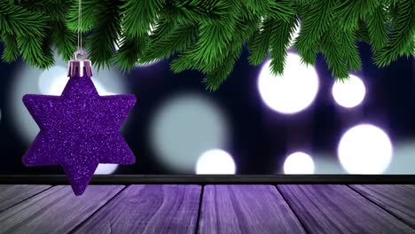 Animation-of-purple-star-decoration-and-christmas-tree-branch-over-falling-white-lights