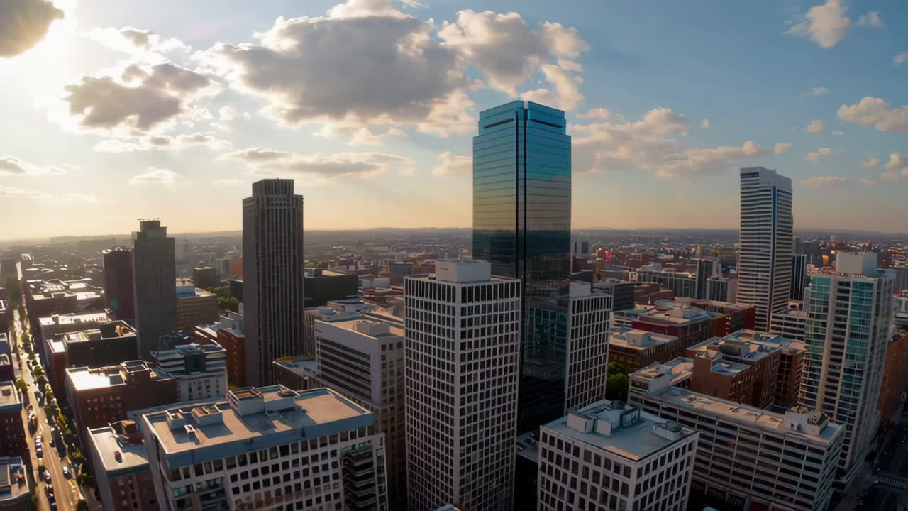 Drone View of a City Skyline at Sunset