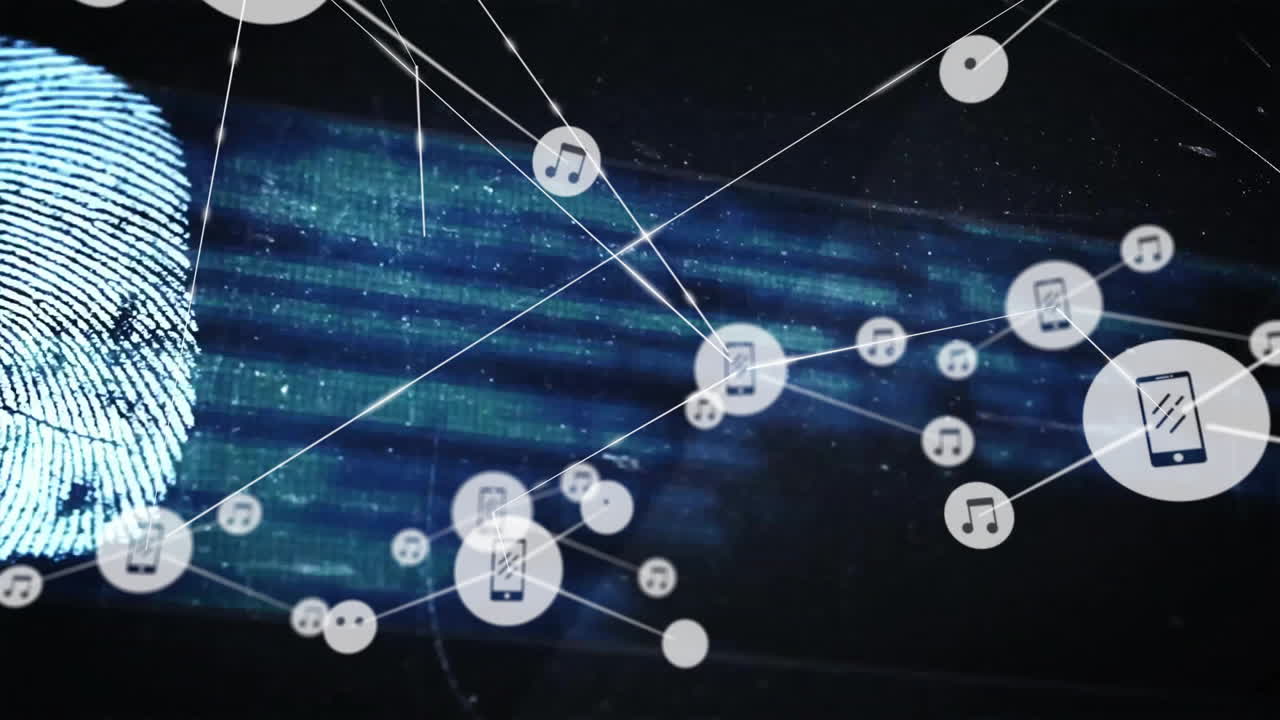 animación de texto de advertencia de seguridad a través de la red de dispositivos y iconos conectados