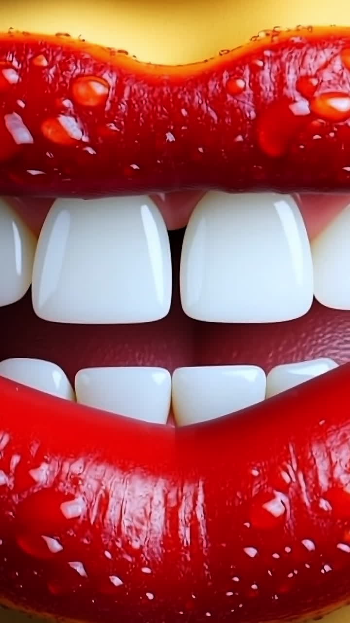 Bright smile with glossy red lips. A close-up view of a vibrant, glossy smile featuring bright white teeth and striking red lips decorated with droplets.