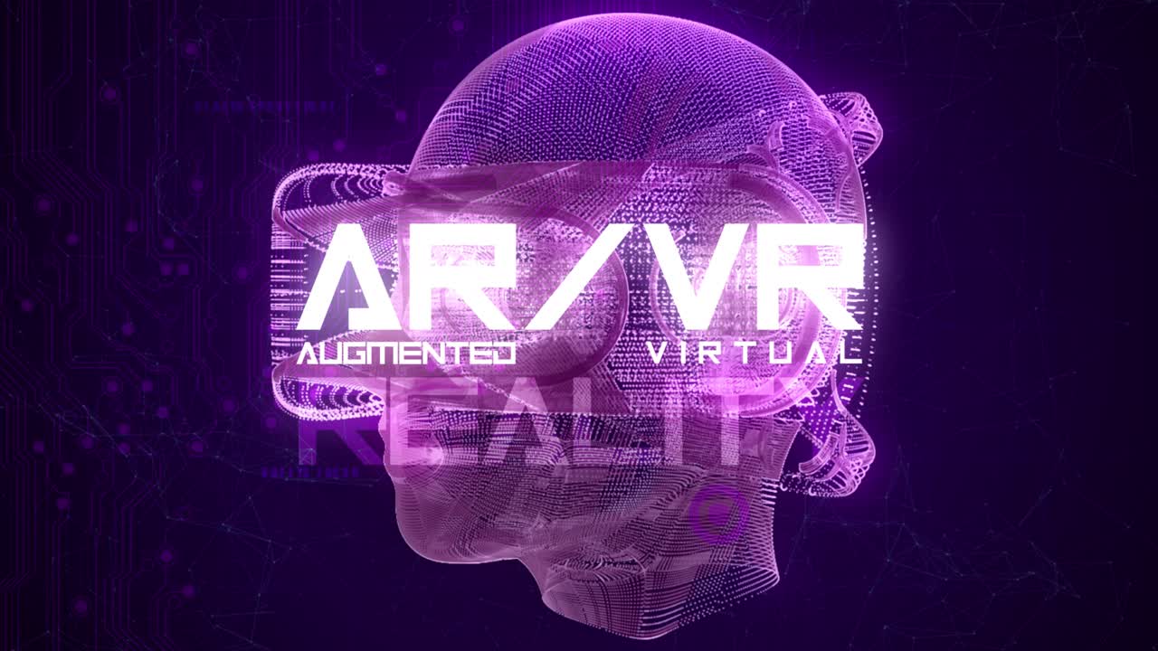 Stunning VFX graphics animation depicting emerging technology in the Virtual Reality Augumented Reality space, with spinning head with VR goggles, abstract plexus design, in purple color scheme