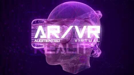 stunning vfx graphics animation depicting emerging technology in the virtual reality augumented reality space, with spinning head with vr goggles, abstract plexus design, in purple color scheme
