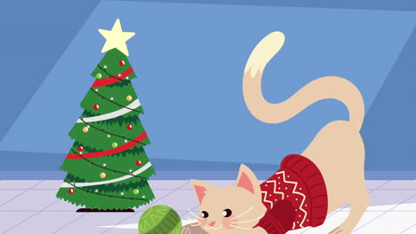 cute little cat with christmas suit and pine tree