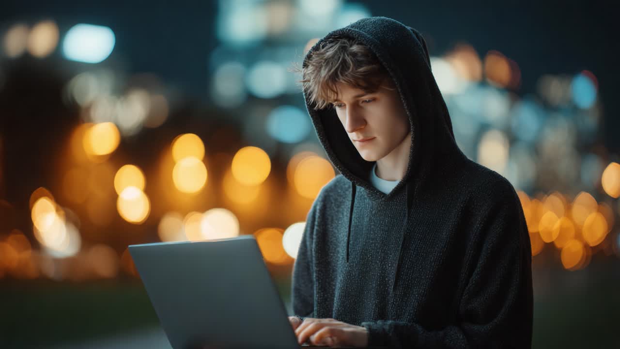 A Young Individual Concentrates on a Laptop at Night, Surrounded by a Dreamy Cityscape, Illuminated by Bokeh Lights, Reflecting Focus and Introspection