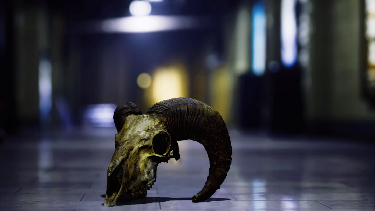 Mysterious ram skull placed on a hallway floor during late evening hours