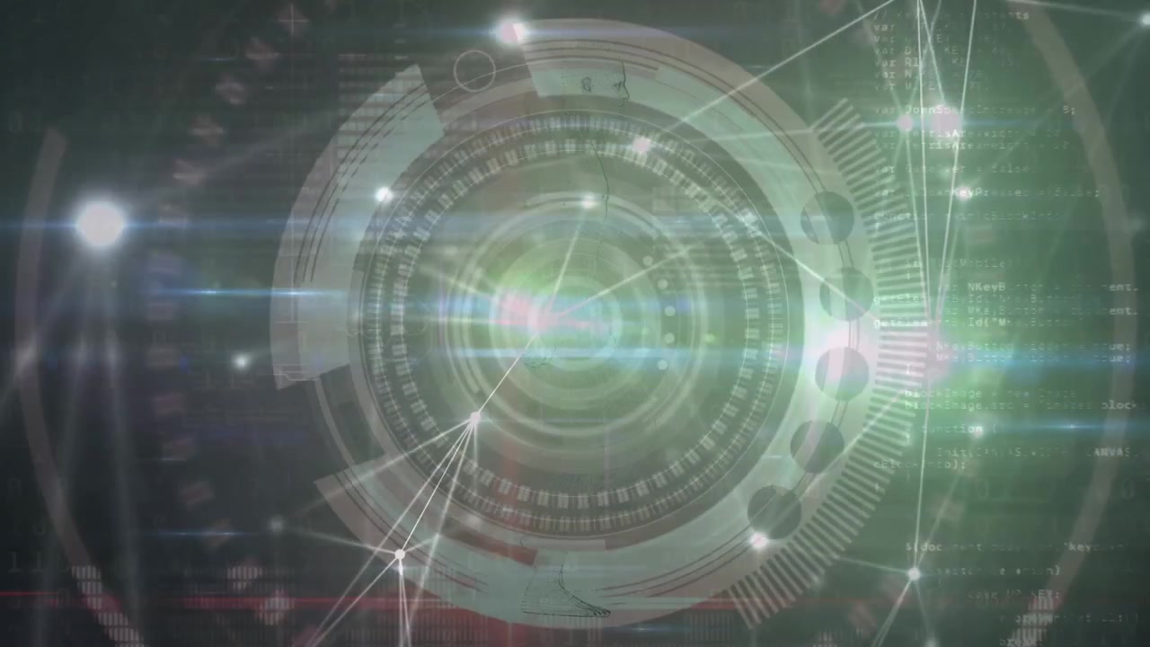 Animation of scope scanning over data processing over network of connections on black background
