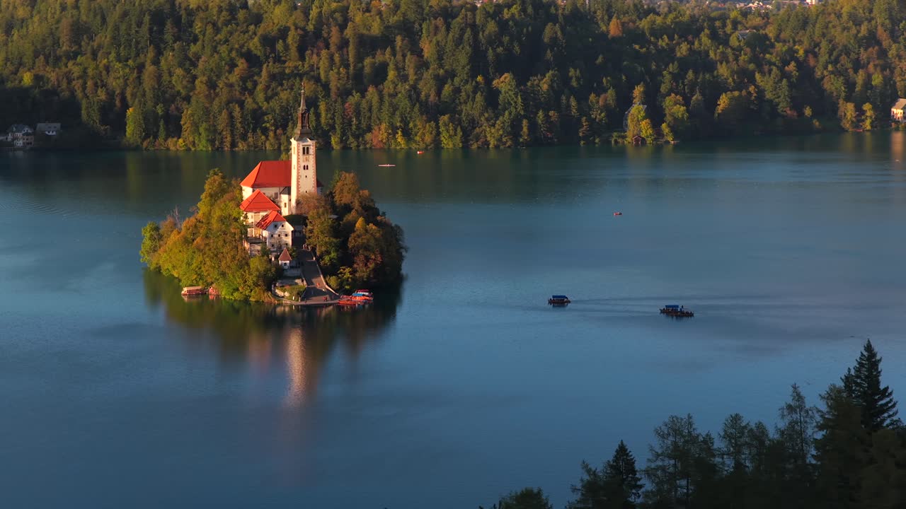 Aerial view of boats near Slovenia's scenic Lake Bled island