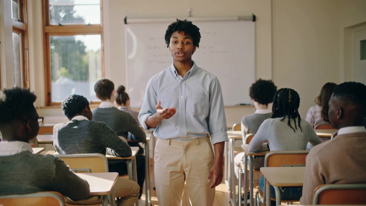 Standing between rows in class, student wearing blue shirt, khakis, presenting at board, speaking
