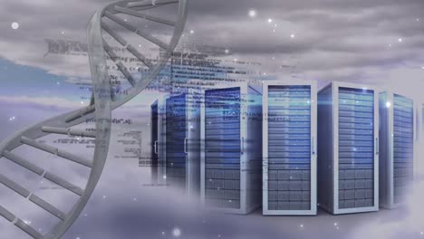 animation of data processing and dna strand over servers
