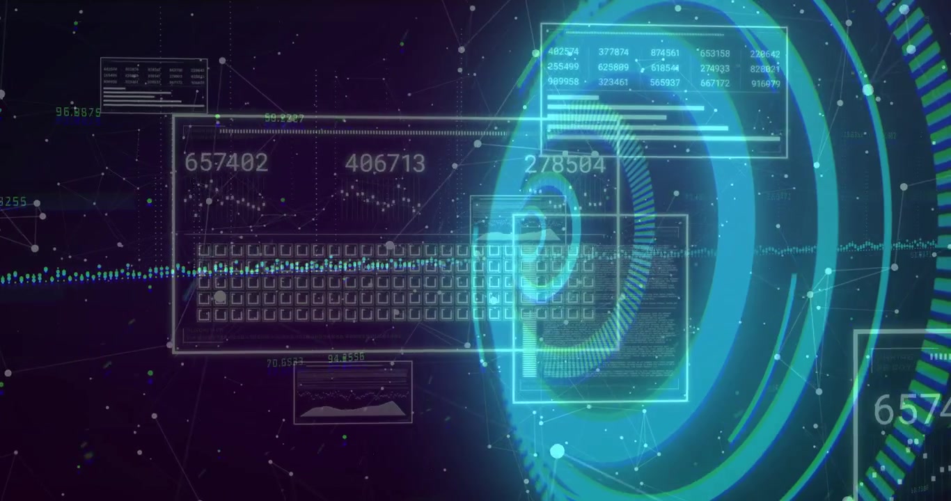 Waveform streaming from left teal ring expanding right panels updating numeric data for tech
