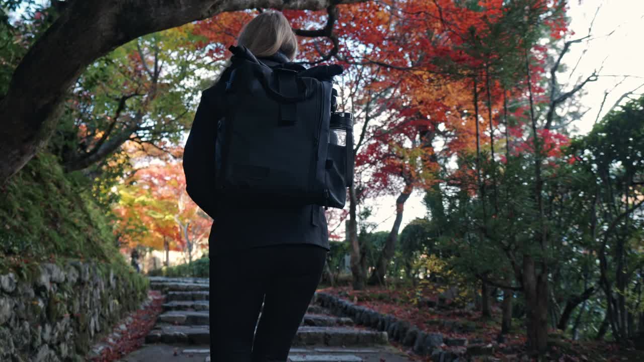 A young woman strolls through a tranquil park in Kyoto, Japan, surrounded by vibrant autumn foliage.