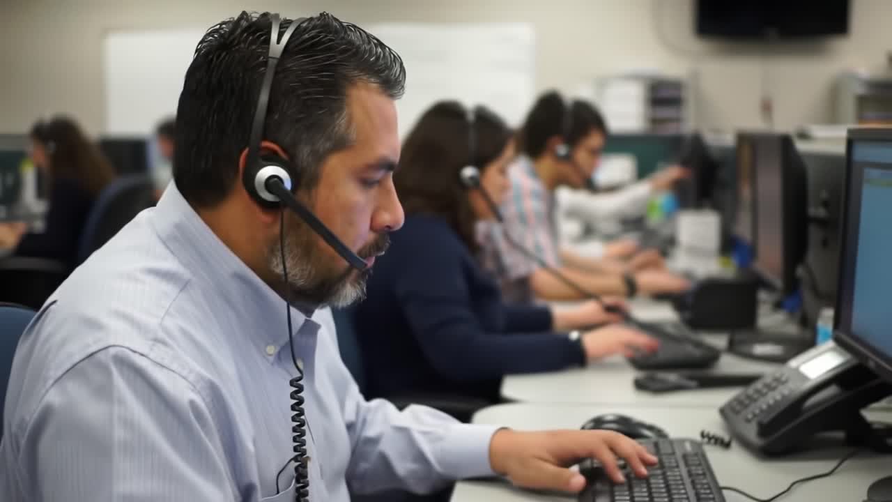 A Dedicated Call Center Professional Engaging with Customers while Team Members Work Diligently Behind, Showcasing the Dynamic Environment of Customer Support Operations