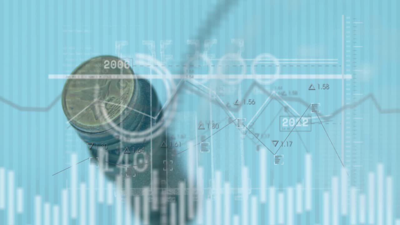 Moedas aparecendo ativam a atualização de anos, o deslocamento de gráficos e a rotação de um medidor, mostrando crescimento financeiro