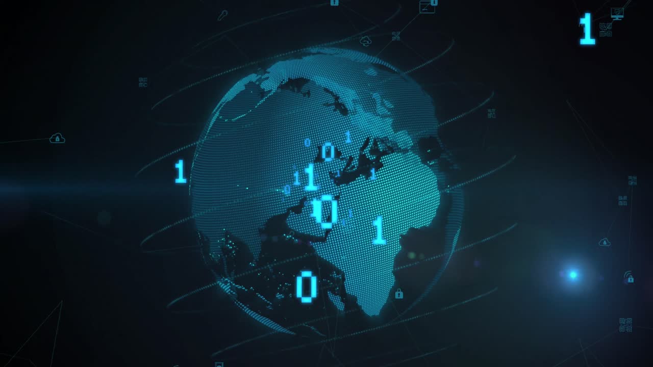 Animation of binary coding and light spot over spinning globe against blue background