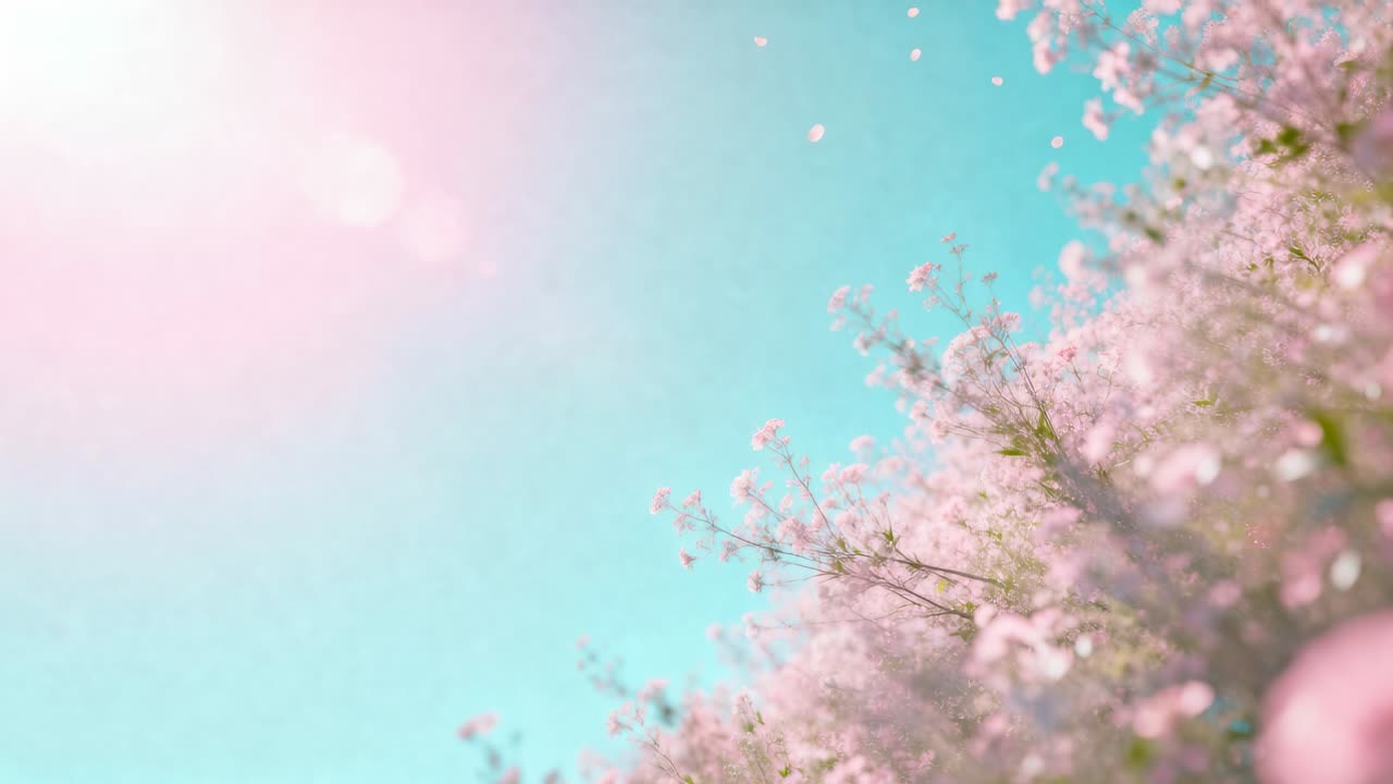 Swaying pink blooms shedding petals in garden, breeze lifting them to turquoise sky, copy space