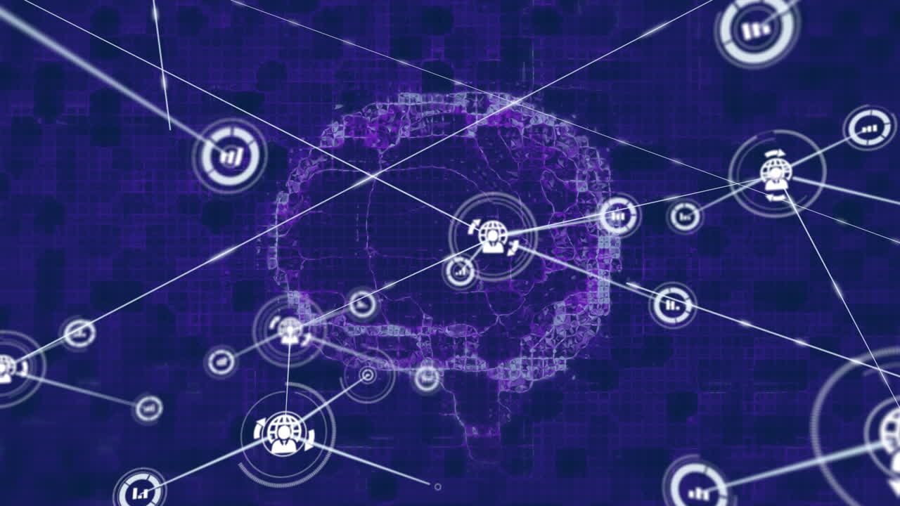 animación de la red de conexiones con iconos sobre el cerebro humano
