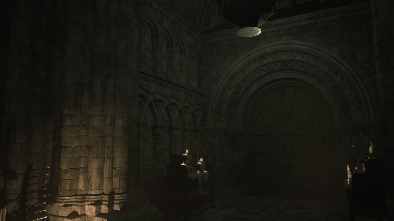 Espaço medieval misterioso iluminado por luz de velas em um ambiente escuro
