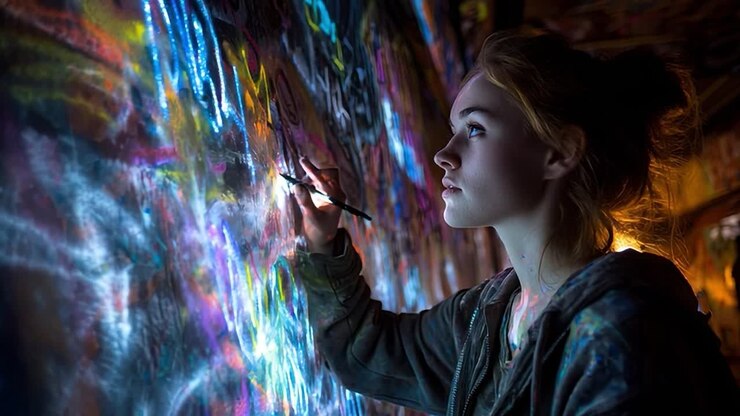Young artist creates colorful graffiti art in urban setting at dusk