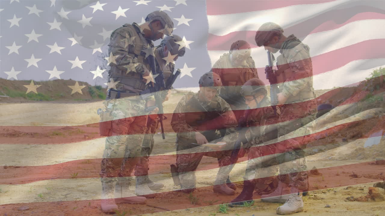 Animation of flag of usa over diverse soldiers with armour