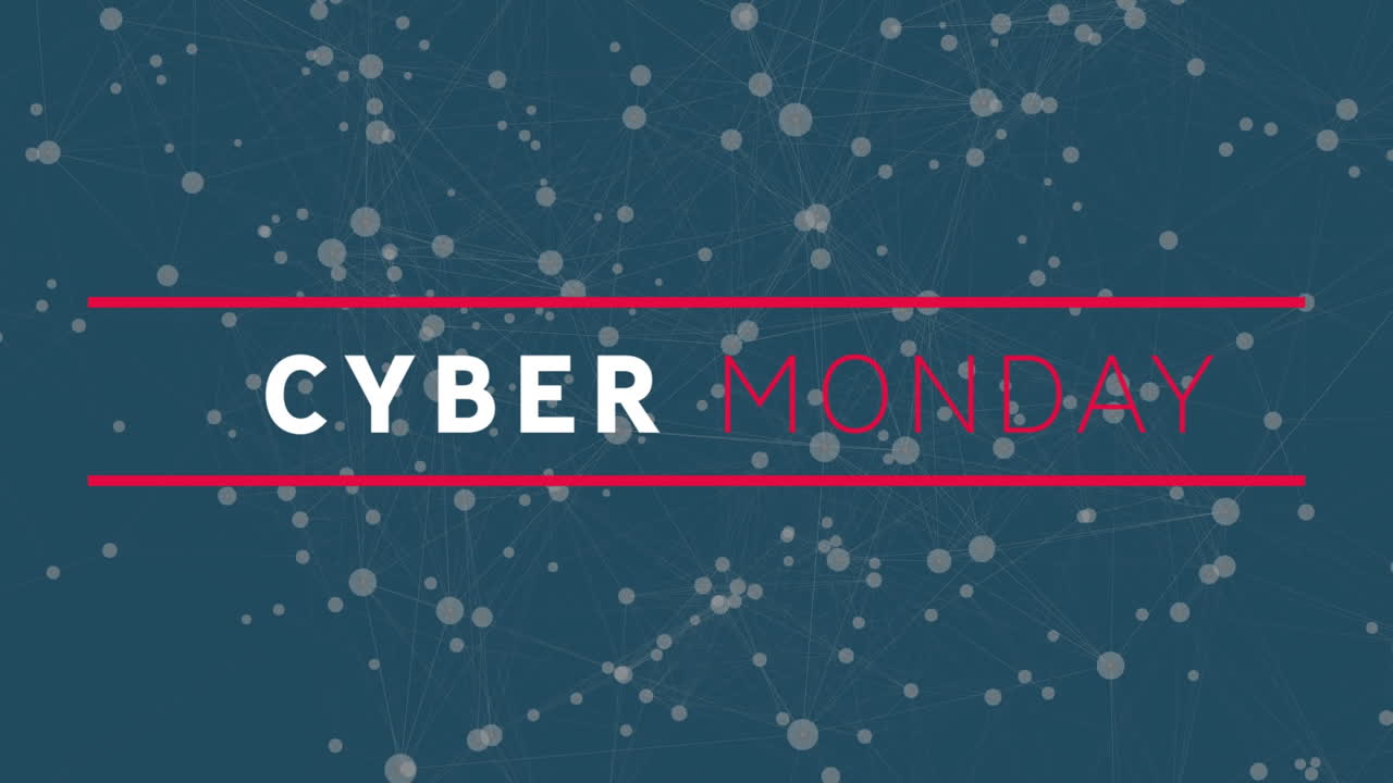 Digital animation of cyber monday text banner against network of connections on blue background