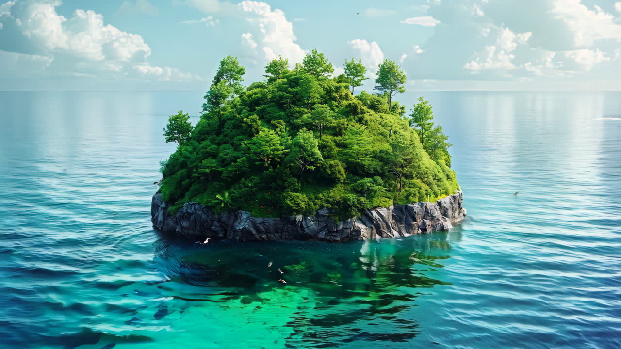 A small island with a lot of trees and a body of water