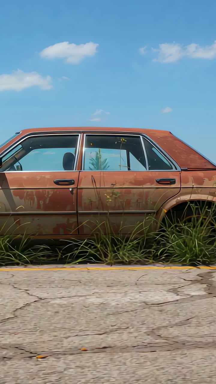 Vertical video: Camera starting to pan across rusted sedan in rural roadside, with weeds in cracks