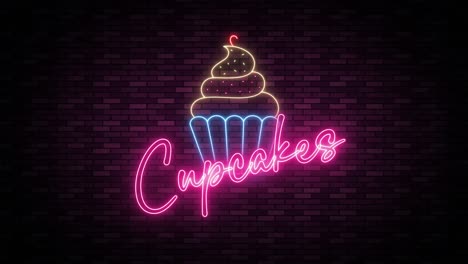 neon signs of cupcakes flickering on and off.