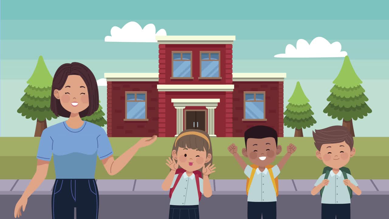 school teacher and students street scene