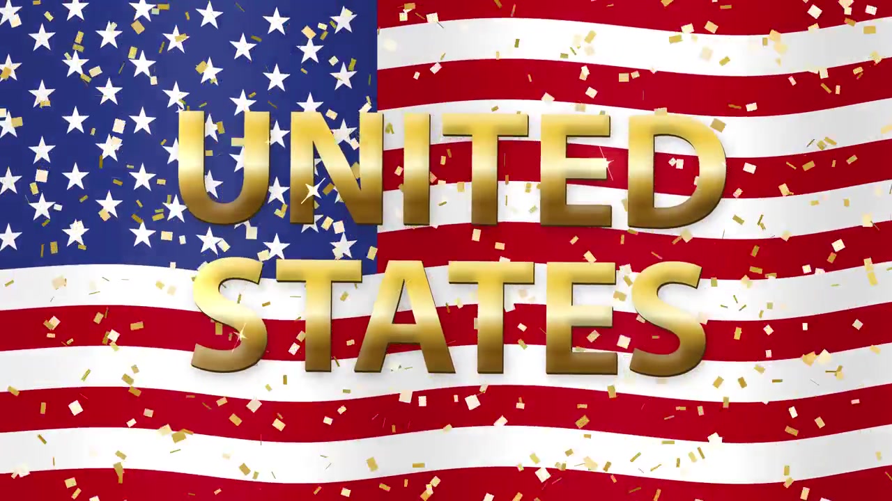 Animated American flag ripples behind golden United States text with shimmering gold confetti particles falling.