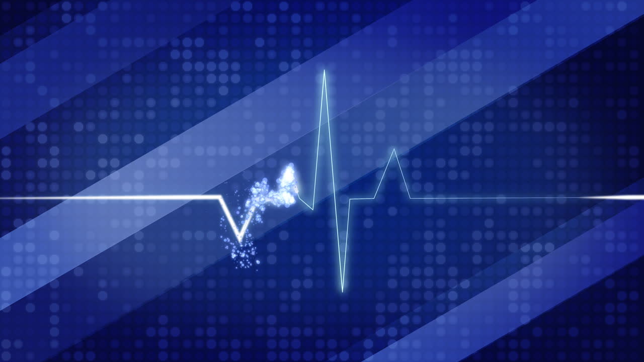 Animation of glowing particles of electrocardiogram lines of heartbeats. Blue looped medical background with pixels.