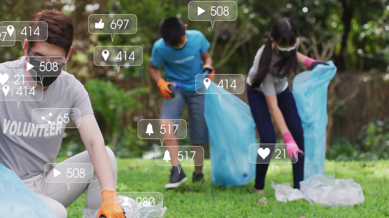 아시아 가족이 밖을 청소하는 소셜 미디어 아이콘과 숫자의 애니메이션