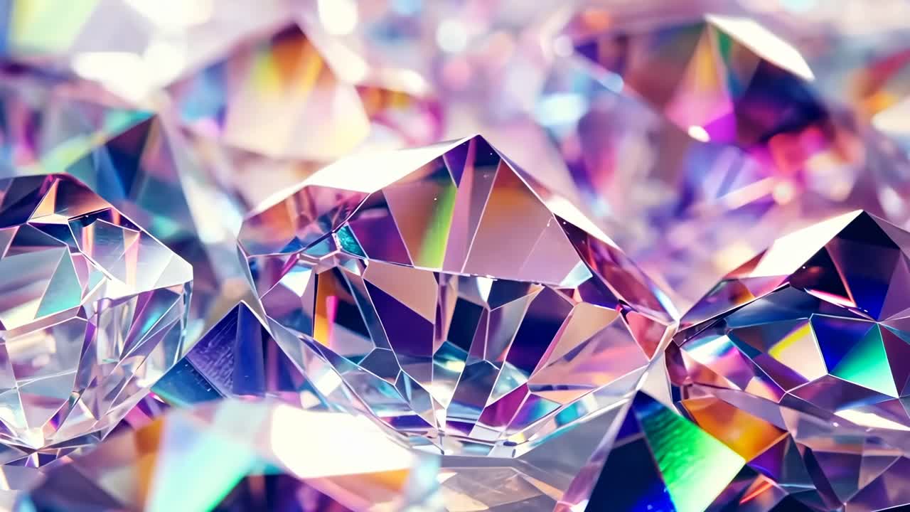 Close-up video shot of sparkling, multifaceted diamonds reflecting vibrant colors