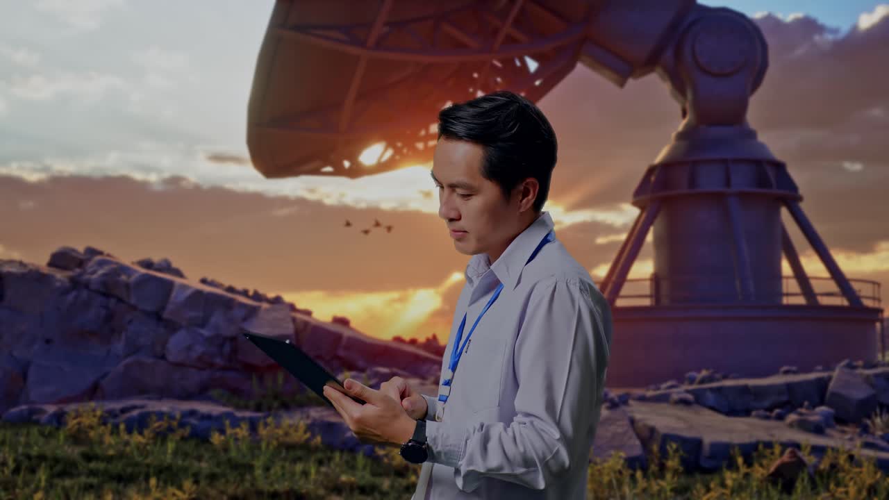 Side View Of An Asian Male Professional Worker Standing With His Tablet With Large Satellite Dish, Checking On His Tablet With Meditation