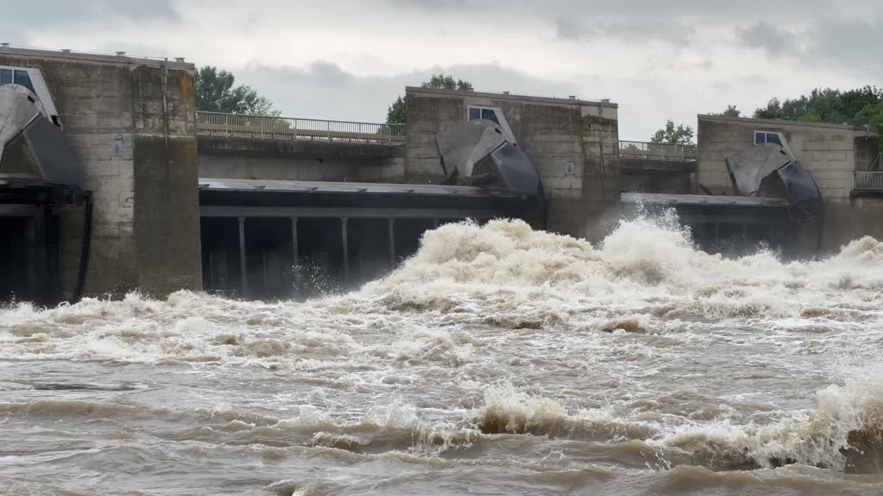 River Donau near peak level, during flood in bavaria, barrage bergheim near ingolstadt handel pressure