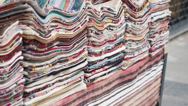 Stacks of Colorful Woven Textiles and Rugs