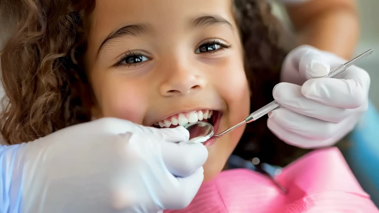 Angolazione video ravvicinata di un bambino che sorride al dentista, che mostra un controllo dentale gioioso
