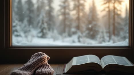 Cozy Winter Reading by a Snowy Window