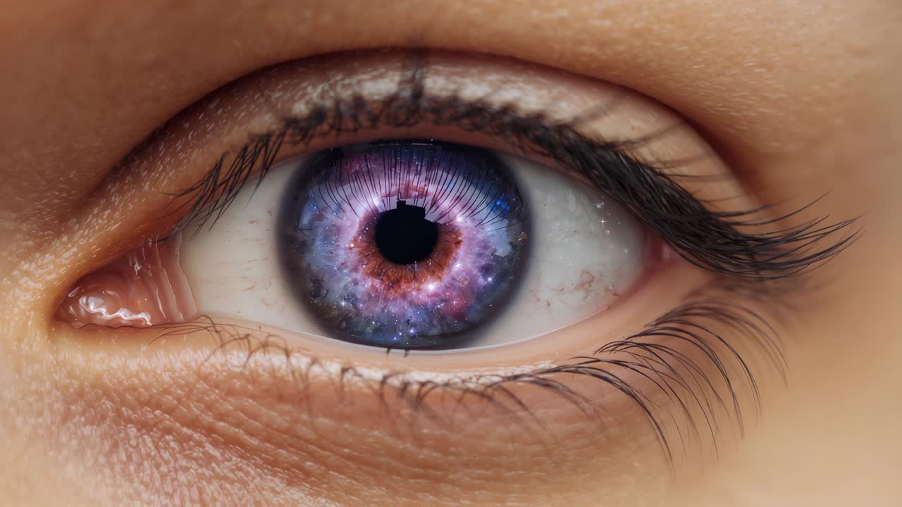 Eyelid closing starting blinking female eye, revealing galaxy iris in closeup, showing winged liner
