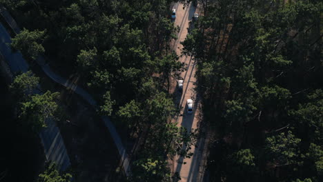 aerial top view of cars on forest dirt road near the beach, portugal