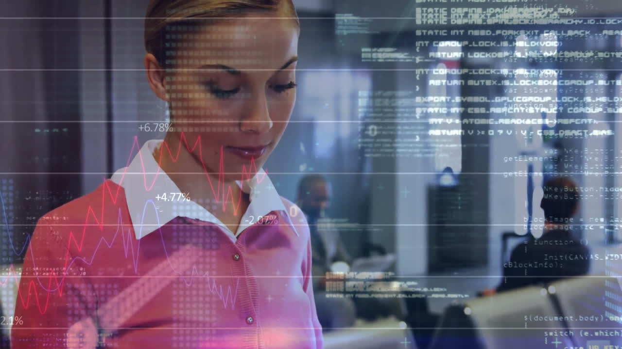 Animation of financial data processing over biracial businesswoman in office