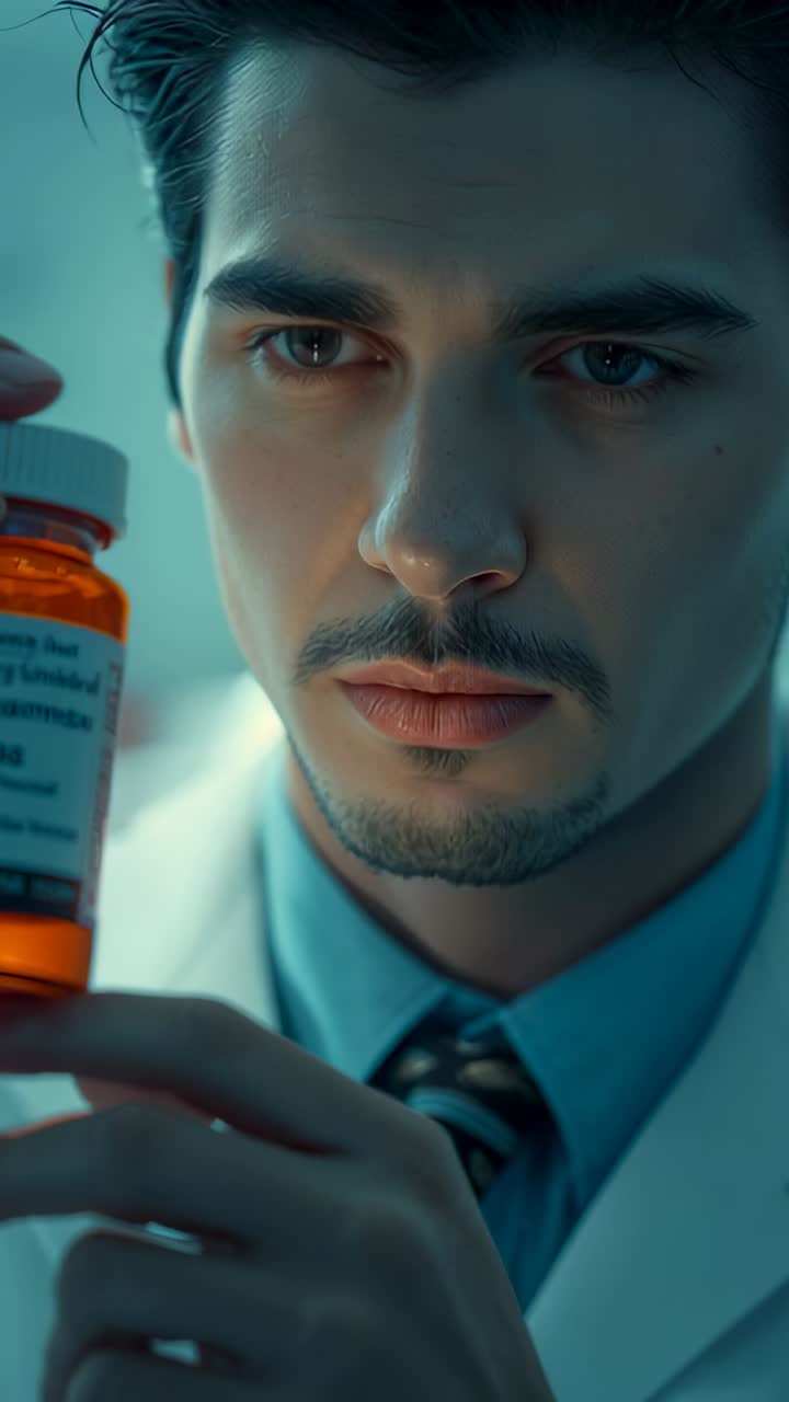 Vertical video: Opening eyes doctor reading amber bottle label in clinic in lab coat verifying Rx