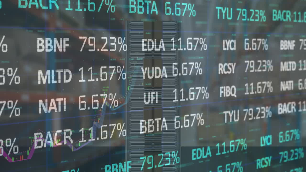 Animation of financial data processing over cardboard boxes on conveyor belt in warehouse