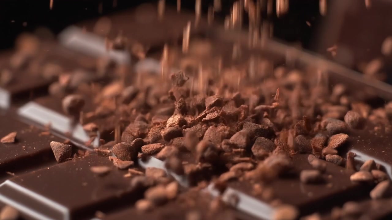 Cocoa Nibs Falling onto a Dark Chocolate Bar
