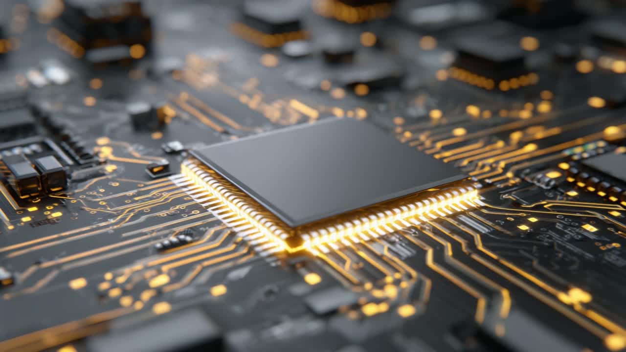 Detailed Close-Up of a High-Tech Circuit Board Featuring a Central Processing Unit Surrounded by Intricate Gold-Plated Connections and Microcomponents in Modern Electronics
