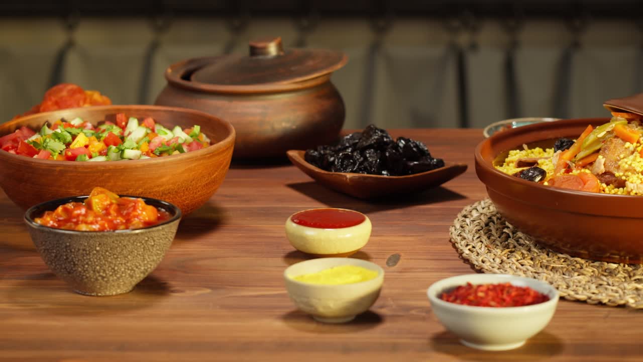 cocina marroquí. tajine, plato tradicional hecho de cordero y berenjena, ensalada de verduras. cultura de oriente medio. couscous con carne de carnero de cerca, arroz delicioso. comida casera.