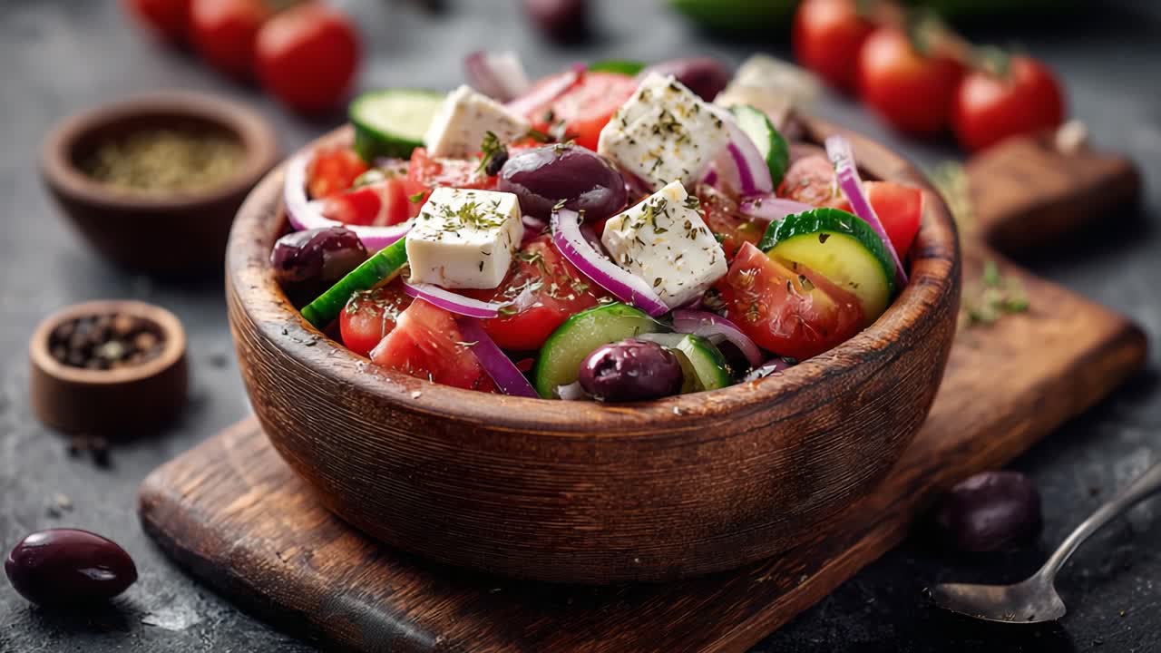 Vibrant Greek Salad in a Rustic Bowl, Featuring Fresh Vegetables, Creamy Feta, and Savory Olives on a Stylish Wooden Cutting Board