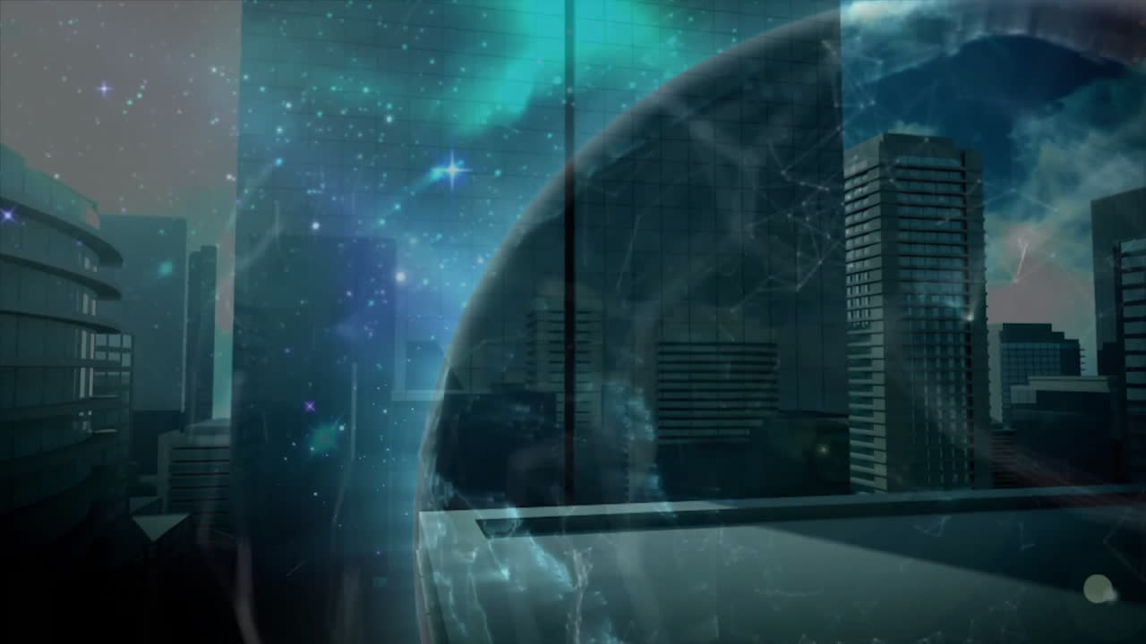 Glowing planet and stars in futuristic cityscape with animation elements