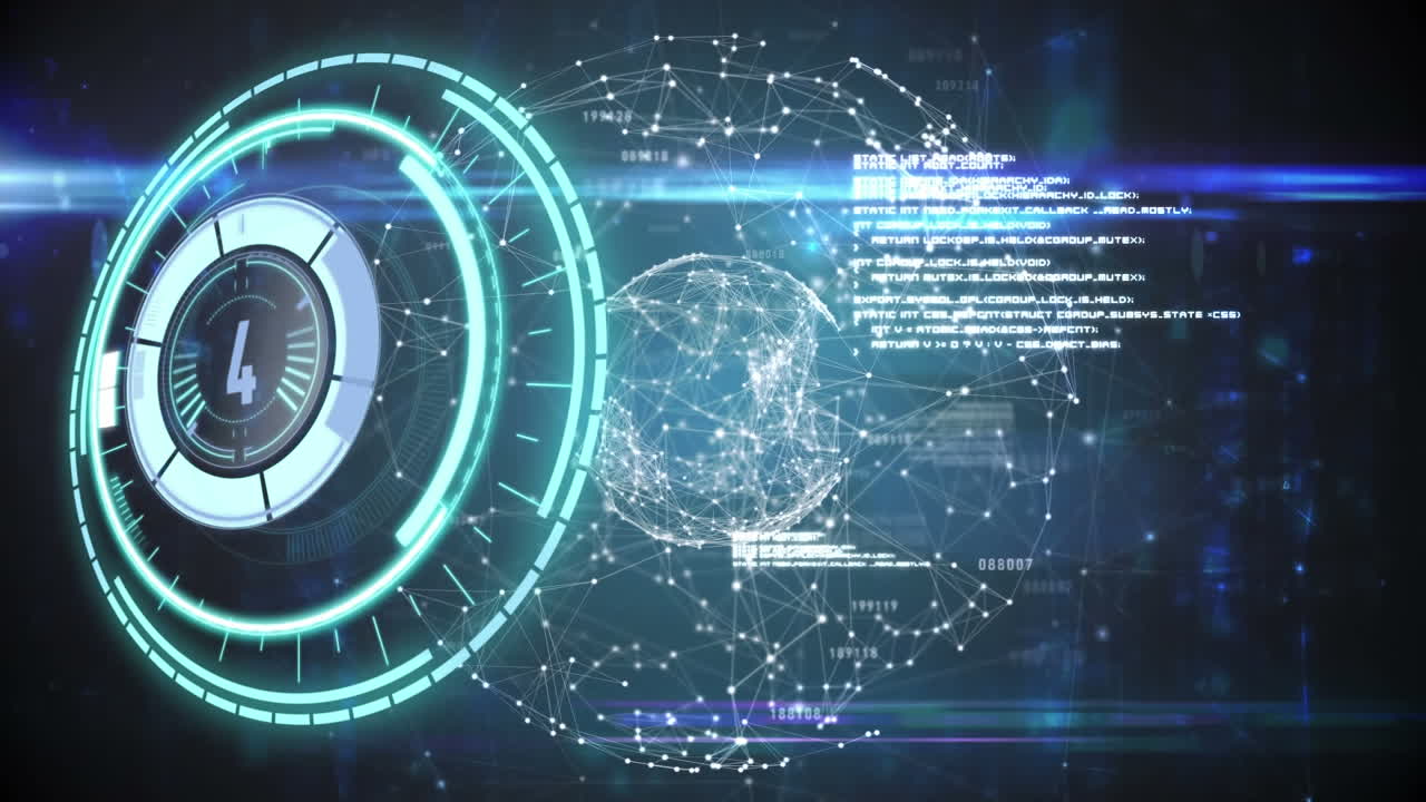 Animation of clock and statistics processing on dark background