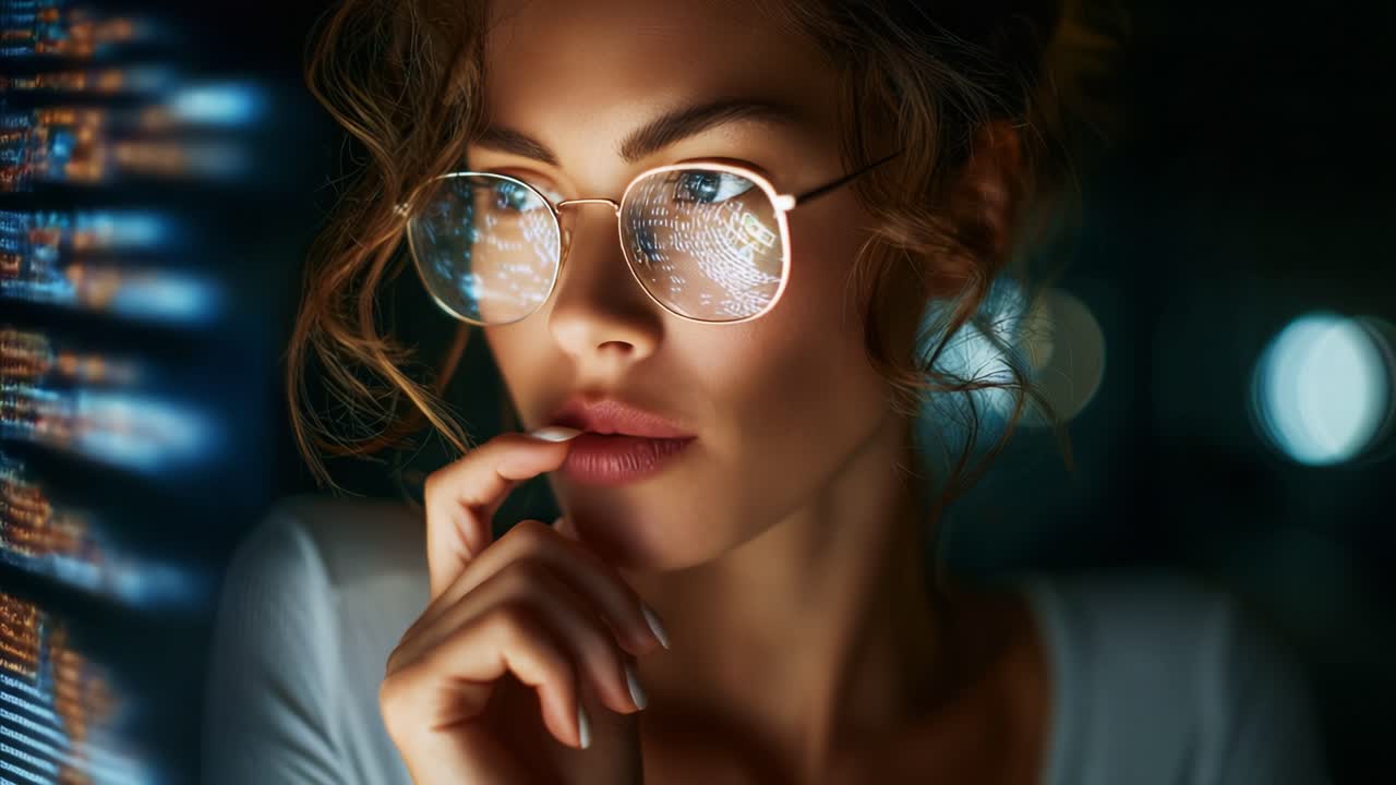 Fascinerende portrett av en ettertenksom kvinne med briller, som ser intenst med reflekterte lysmønstre, inspirert av digitale innovasjoner og moderne estetikk i en mørk setting