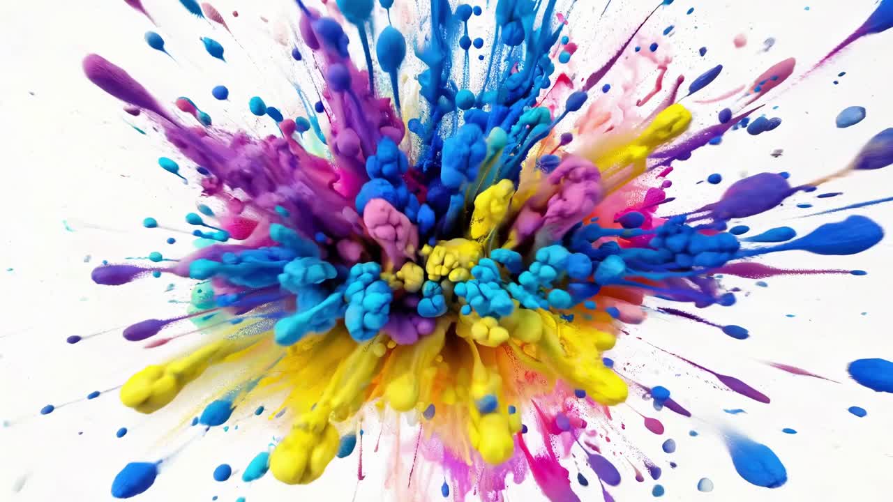 Un'esplosione vivace di schizzi di vernice colorata catturata da un angolo dall'alto, che ricorda una dinamica